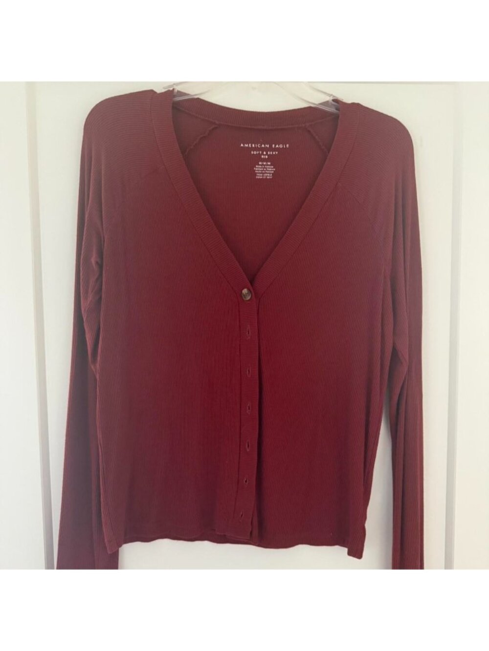 Burgundy American Eagle Cardigan, lightly ribbed & extremely soft.